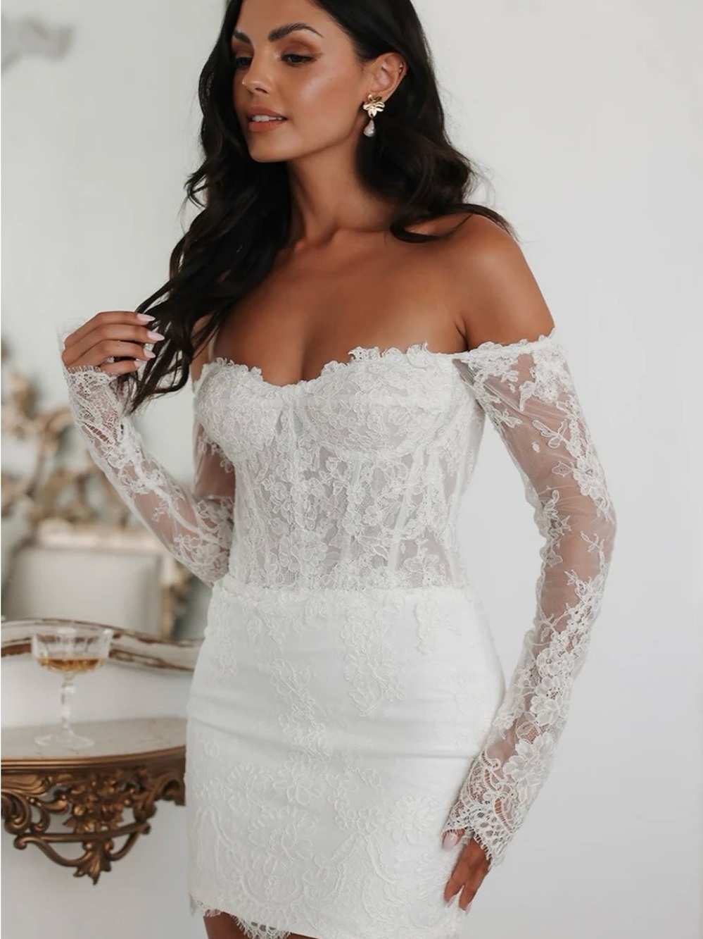UNTAMED PETALS BY AMANDA JUDGE White Off-Shoulder Lace Mini Bridal Dress